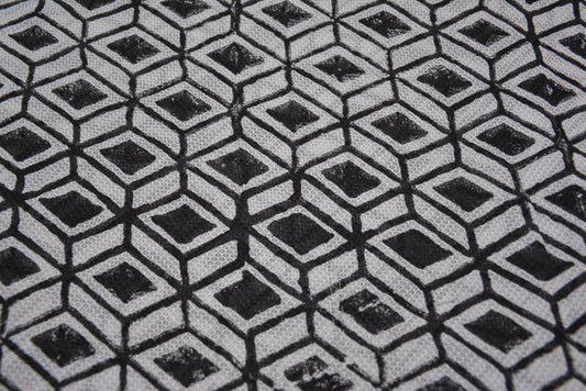 DIAMOND BLOCK PRINTED NATURAL ORGANIC BLACK WHITE FABRIC-HF3221