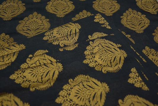 BLACK GOLDEN ZARI BANARASI BROCADE SILK FABRIC -HF3625