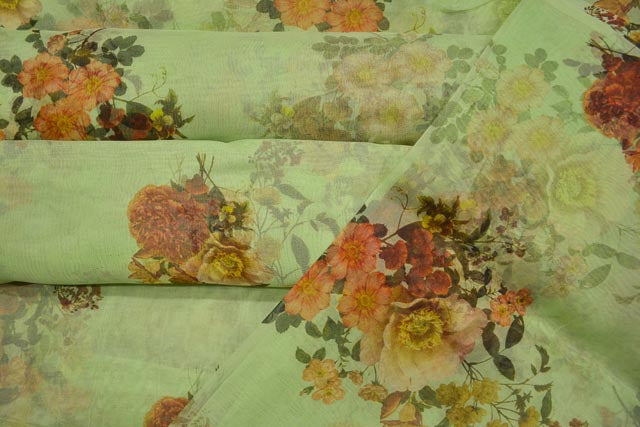 PISTACHIO GREEN FLORAL PRINTED ORGANZA SILK FABRIC-HF1976