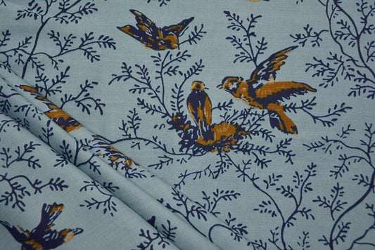 GREYISH BLUE BIRD PRINTED RAYON FABRIC-HF4120