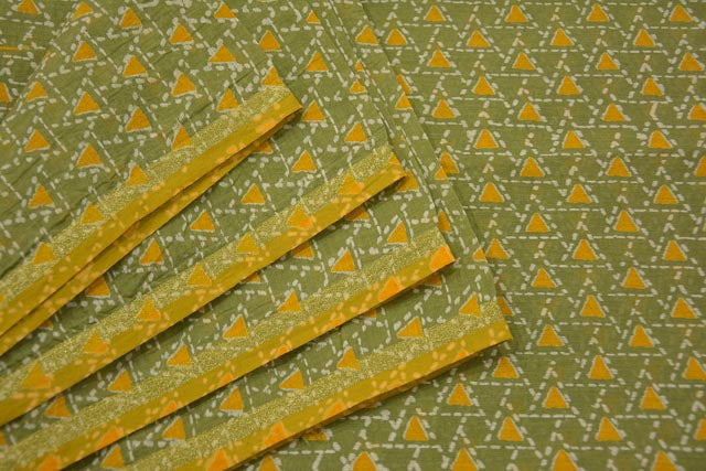 FERN GREEN AND YELLOW BORDERED CHANDERI FABRIC-NVHF2084