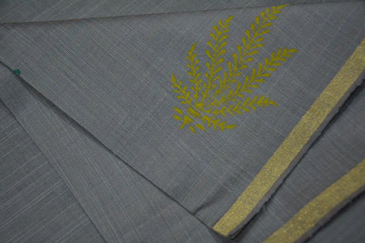 GREY FLORAL BLOCK PRINTED CHANDERI FABRIC-HF4196