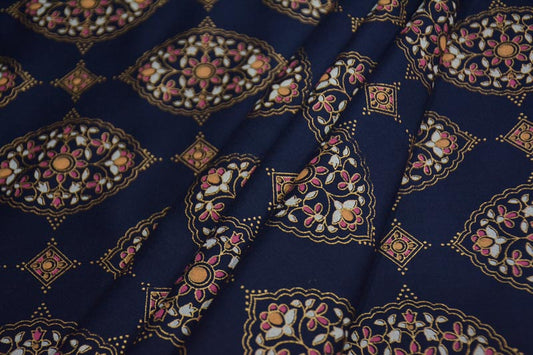 NAVY BLUE FLORAL PRINT RAYON FABRIC-HF4213