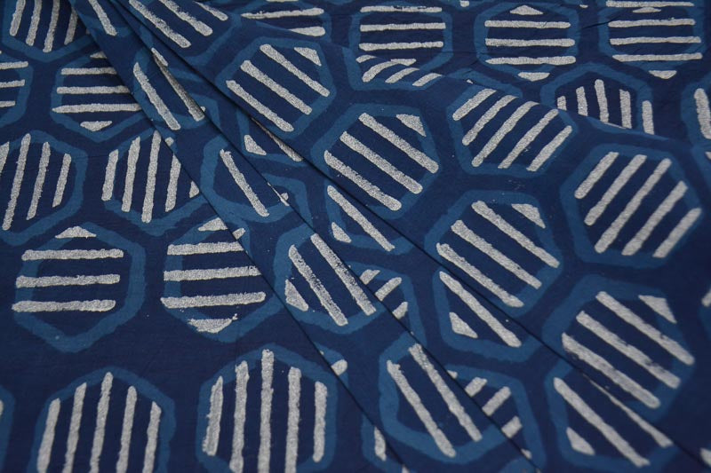 INDIGO AND SILVER HEXAGONAL BLOCK PRINTED COTTON FABRIC -HF4253