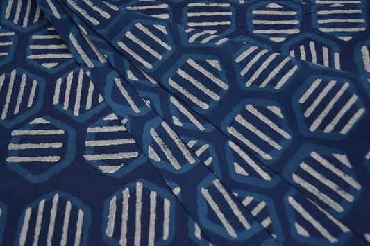 INDIGO AND SILVER HEXAGONAL BLOCK PRINTED COTTON FABRIC -HF4253