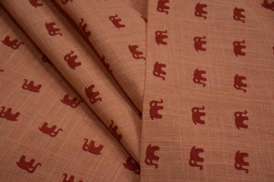 PEACH RED ELEPHANT PRINT INDIAN SLUB COTTON FABRIC-HF4227