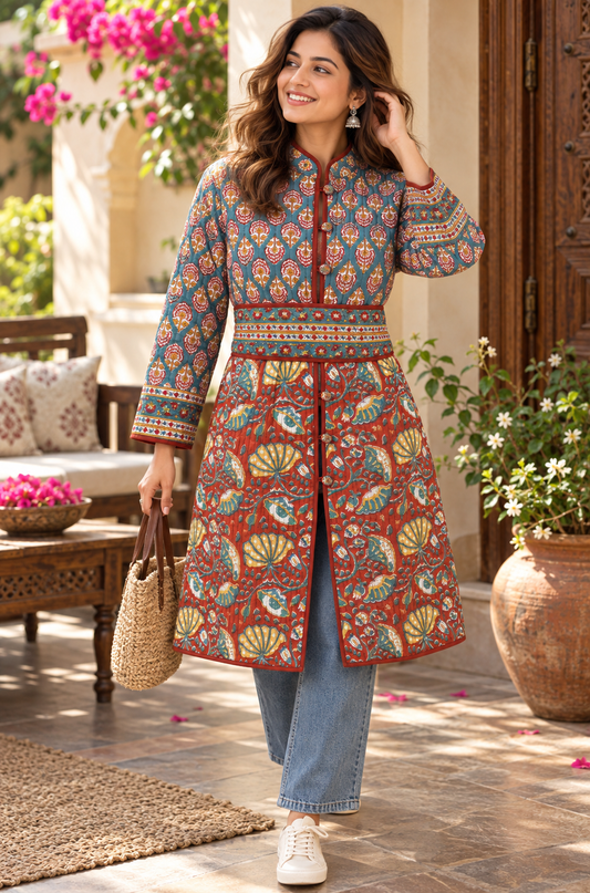Teal & Rust Hand Block Printed Belted Jacket