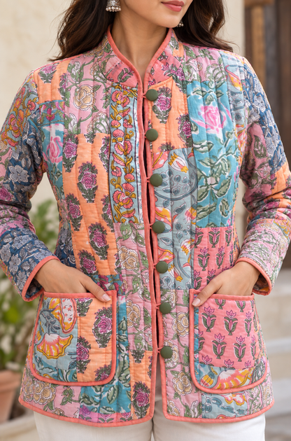 PASTEL PATCHWORK HAND BLOCK PRINTED QUILTED JACKET-NVQJ673