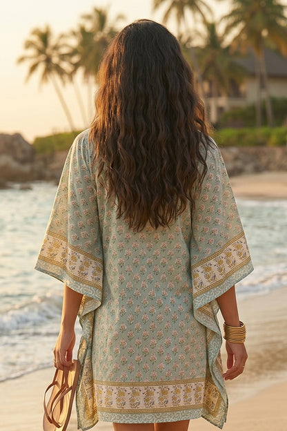 SAGE GREEN FLORAL BLOCK PRINT COTTON KAFTAN TOP - NVK587