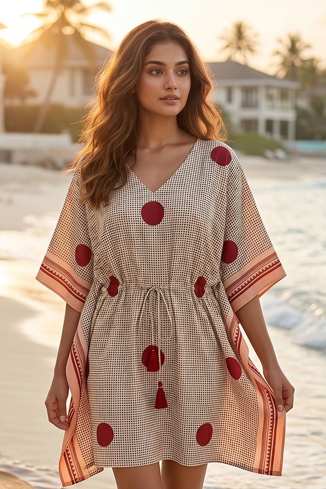 BEIGE RED POLKA DOT COTTON KAFTAN TOP - NVK586