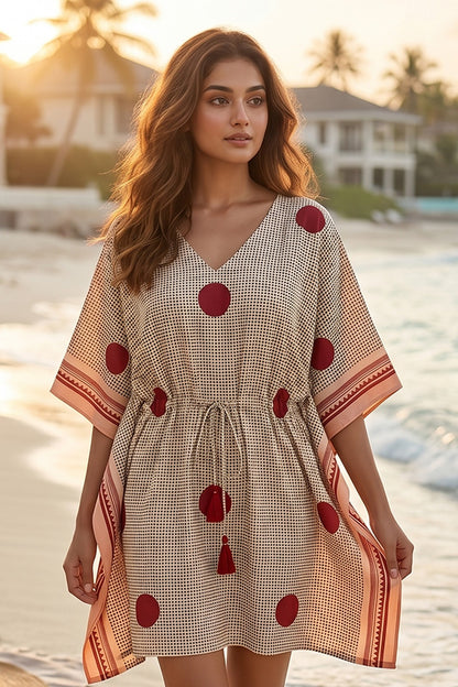 BEIGE RED POLKA DOT COTTON KAFTAN TOP - NVK586