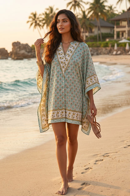 SAGE GREEN FLORAL BLOCK PRINT COTTON KAFTAN TOP - NVK587