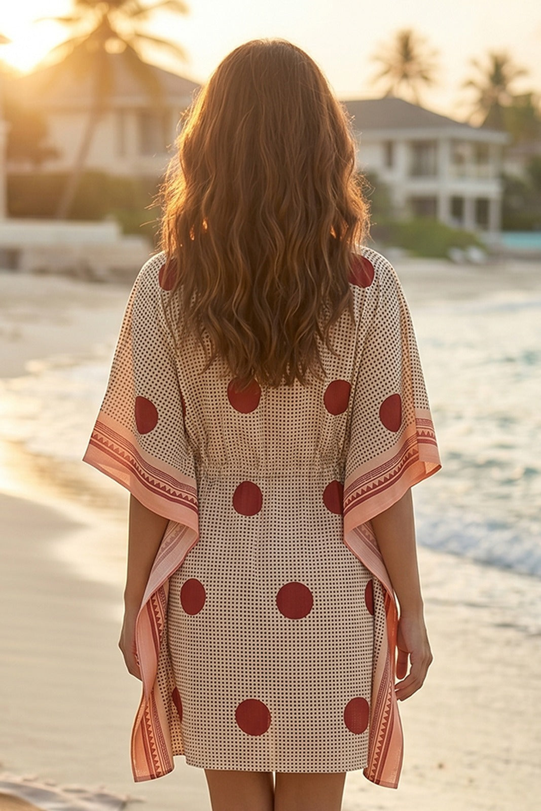 BEIGE RED POLKA DOT COTTON KAFTAN TOP - NVK586