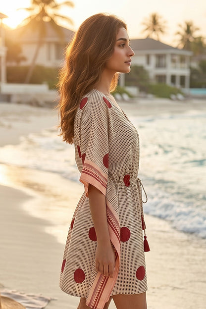 BEIGE RED POLKA DOT COTTON KAFTAN TOP - NVK586