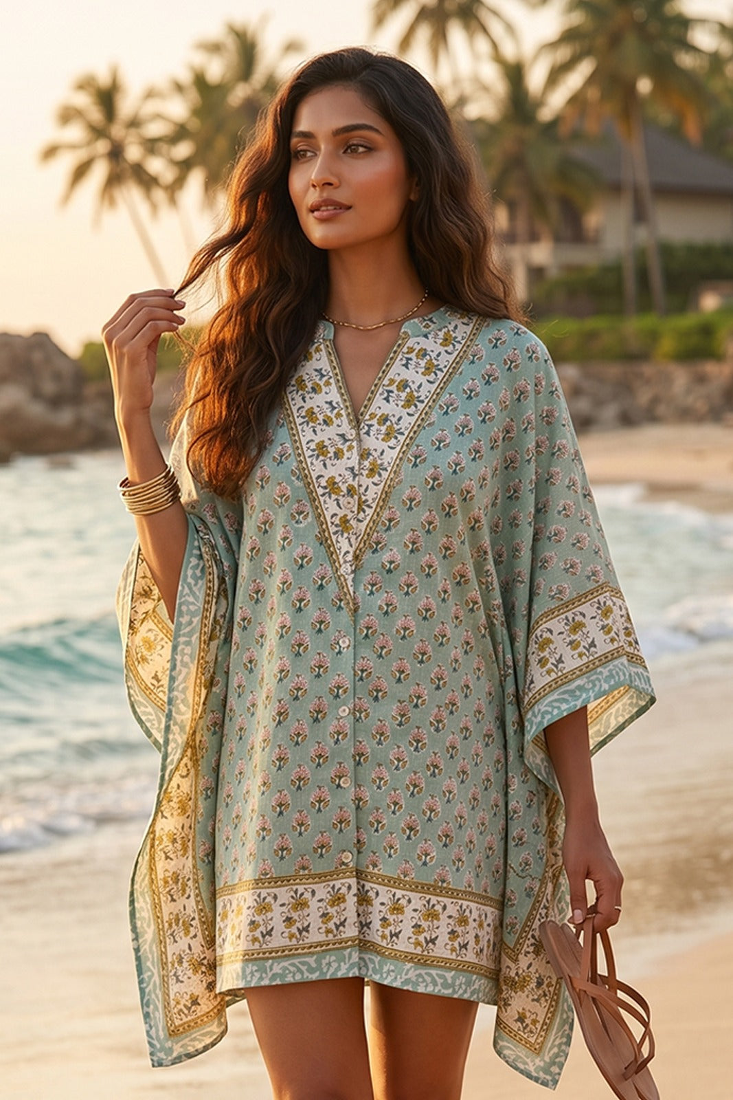 SAGE GREEN FLORAL BLOCK PRINT COTTON KAFTAN TOP - NVK587