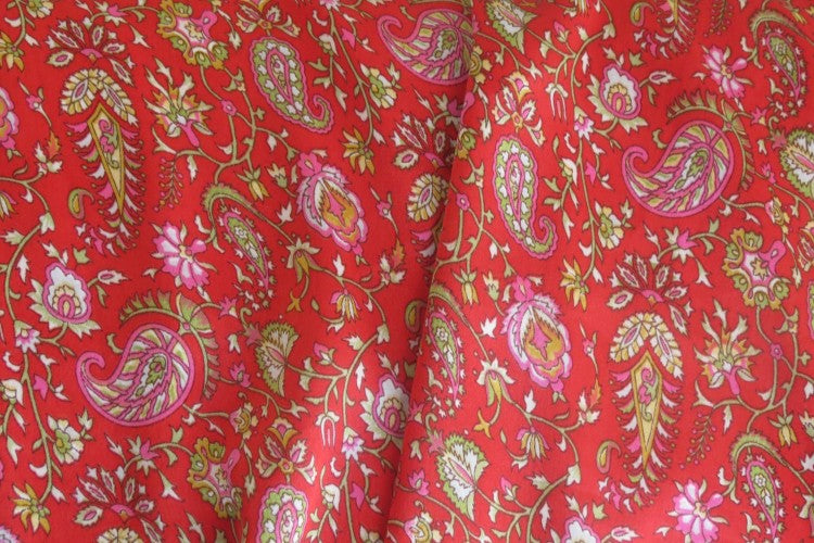 RED PAISLEY POLYESTER SATIN FABRIC-PS15