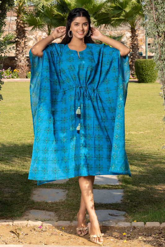 BLUE PRINTED SLUB COTTON KAFTAN-NVK354