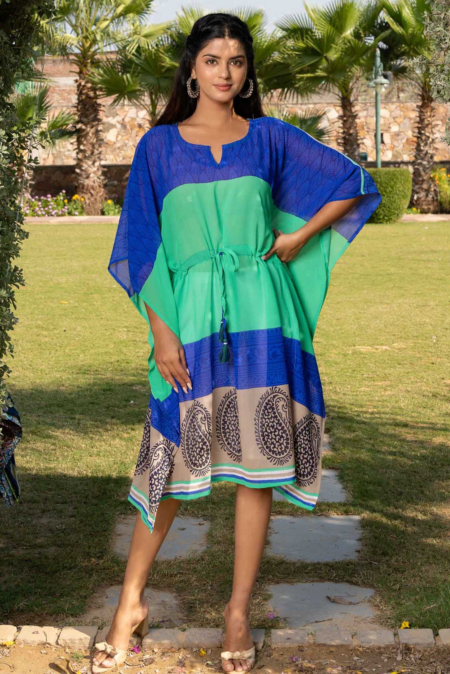 BLUE GREEN PRINTED GEORGETTE KAFTAN-NVK365