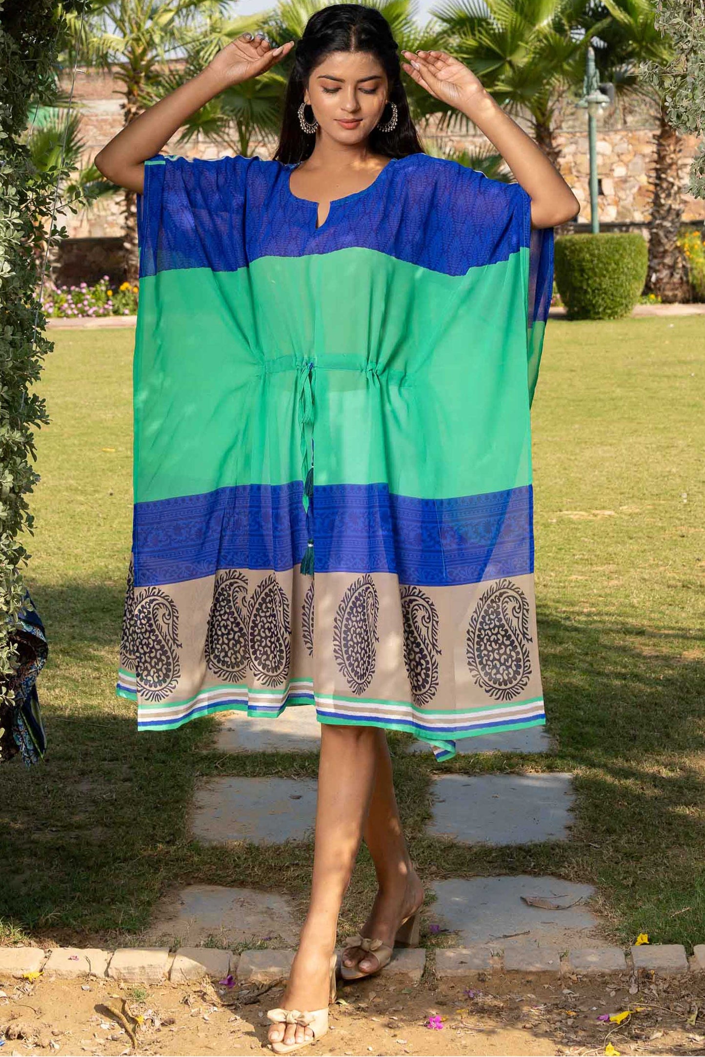 BLUE GREEN PRINTED GEORGETTE KAFTAN-NVK365