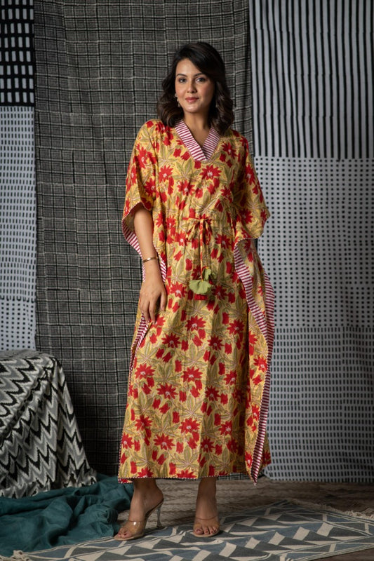 Red Yellow Block Print Long Kaftan-NVK465