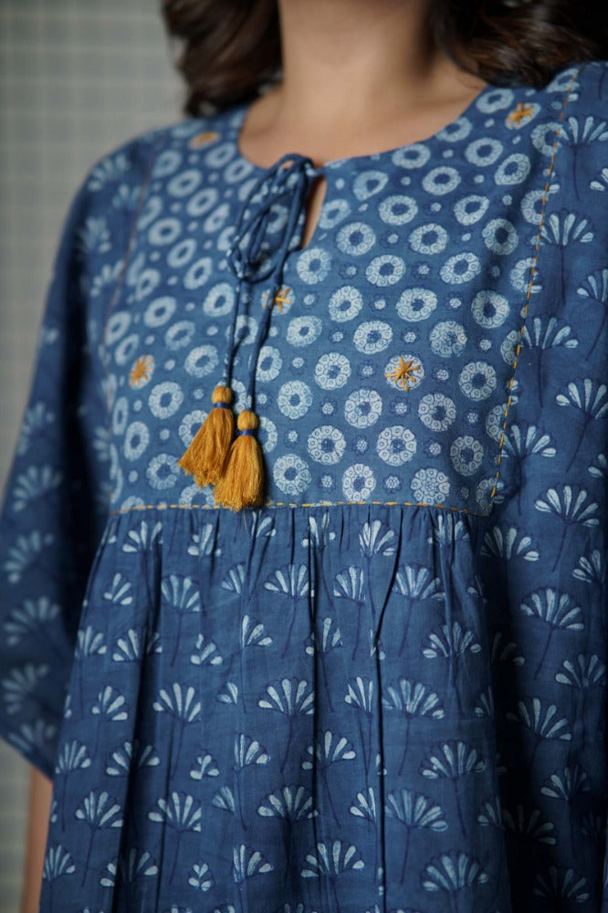 Indigo Hand Block Printed Kaftan-NVK478