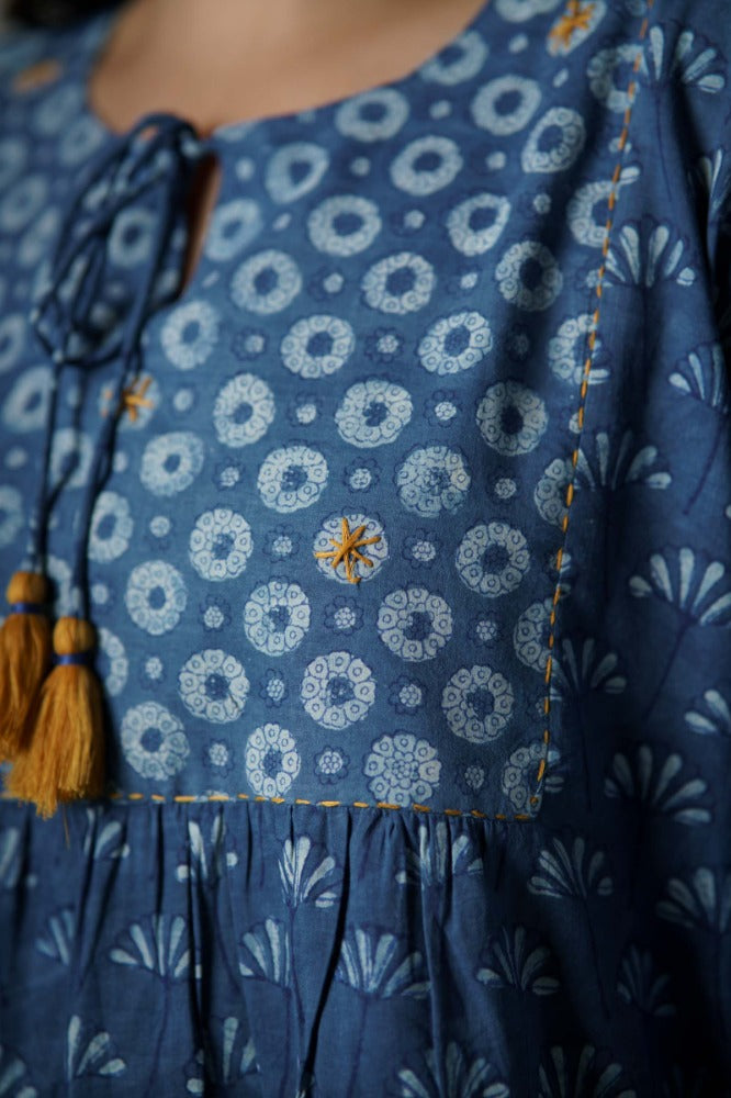 Indigo Hand Block Printed Kaftan-NVK478