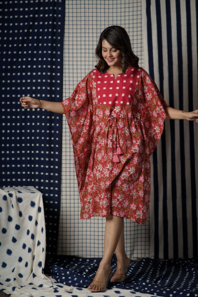 Red Floral Block Printed Kaftan-NVK481