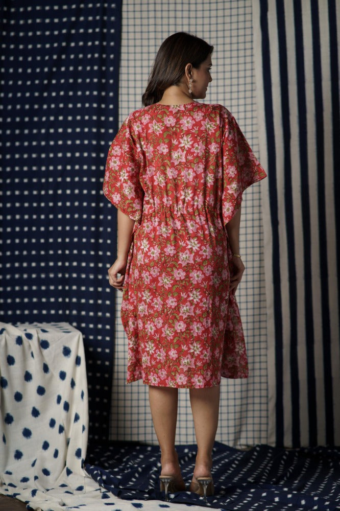 Red Floral Block Printed Kaftan-NVK481