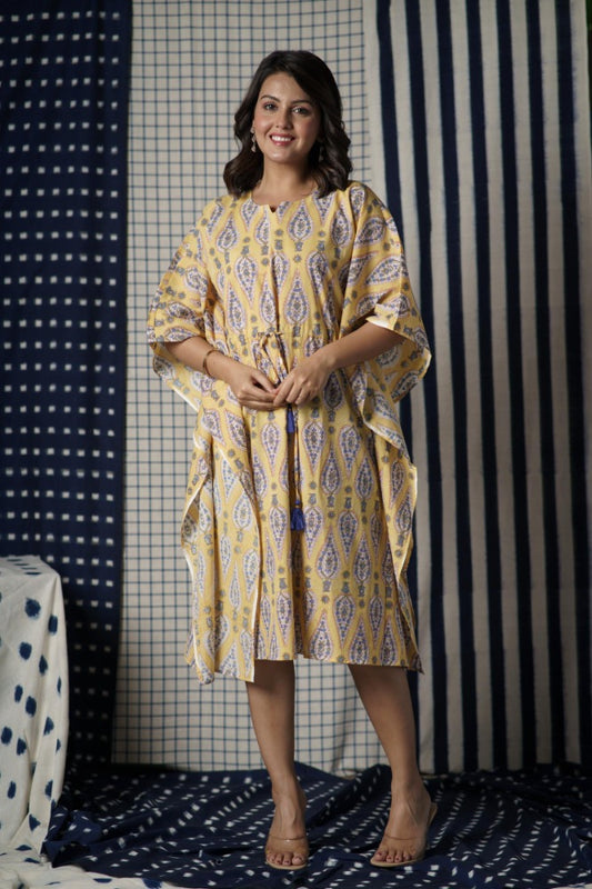 Yellow Block Printed Kaftan-NVK484