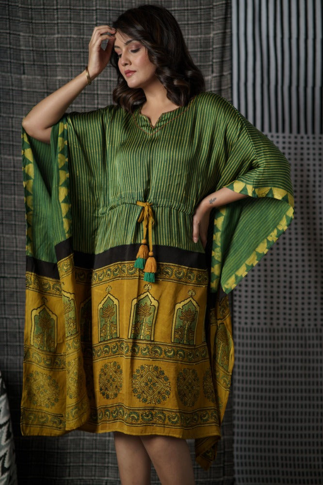 Green Ajrakh Modal Silk Kaftan-NVK489