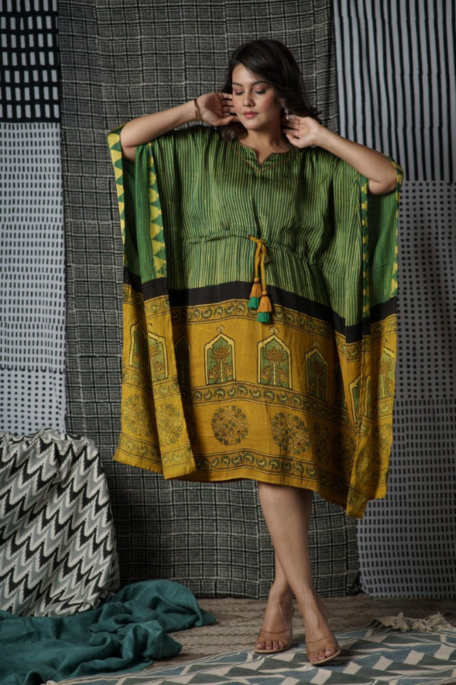 Green Ajrakh Modal Silk Kaftan-NVK489