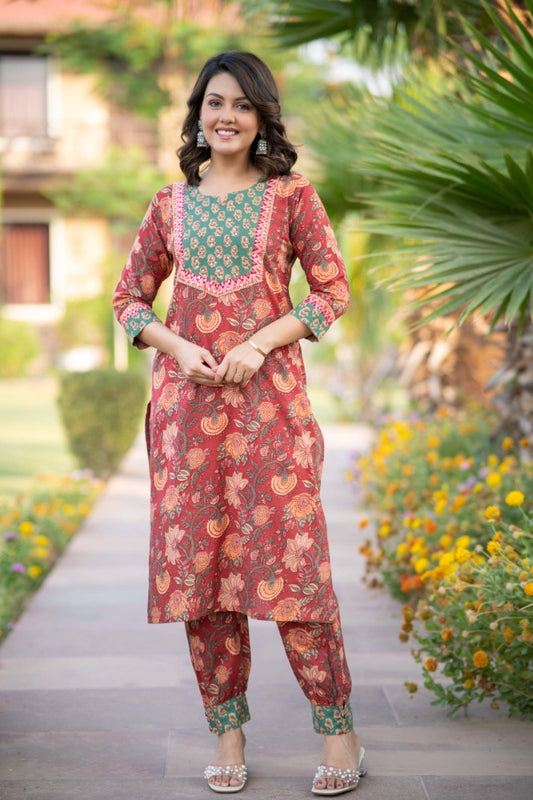 RED FLORAL KURTA SET-NVKS752