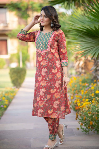 RED FLORAL KURTA SET-NVKS752