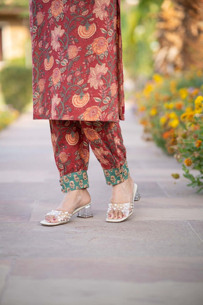 RED FLORAL KURTA SET-NVKS752