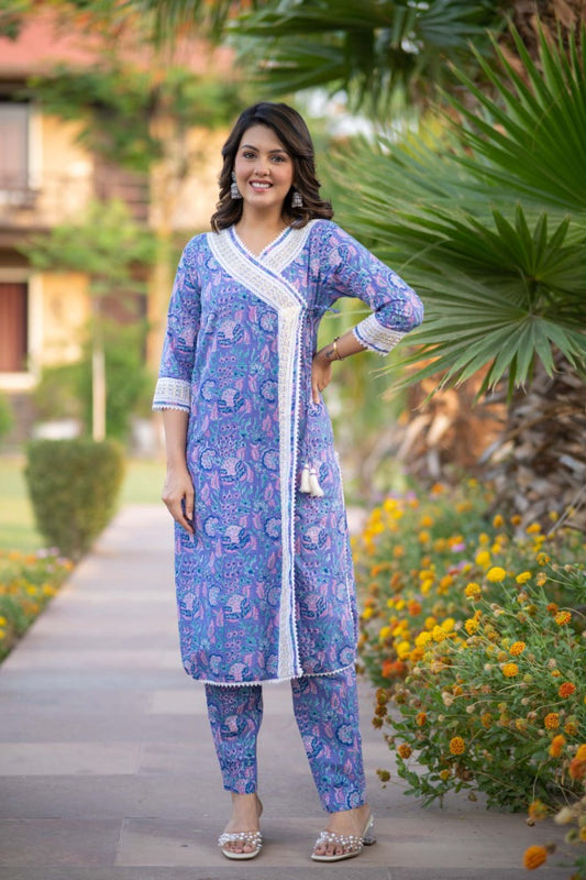 BLUE FLORAL KURTA PANT SET-NVKS754