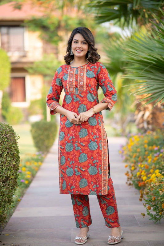 RED BLOCK PRINTED KURTA SET-NVKS756