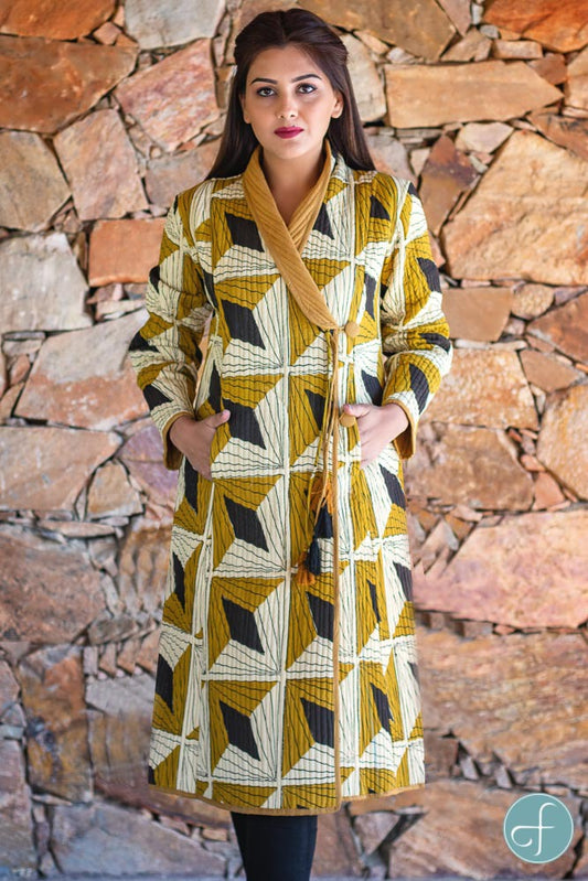 Bagru Mustard Block Printed Quilted Bukhara Coat-NVQJ264