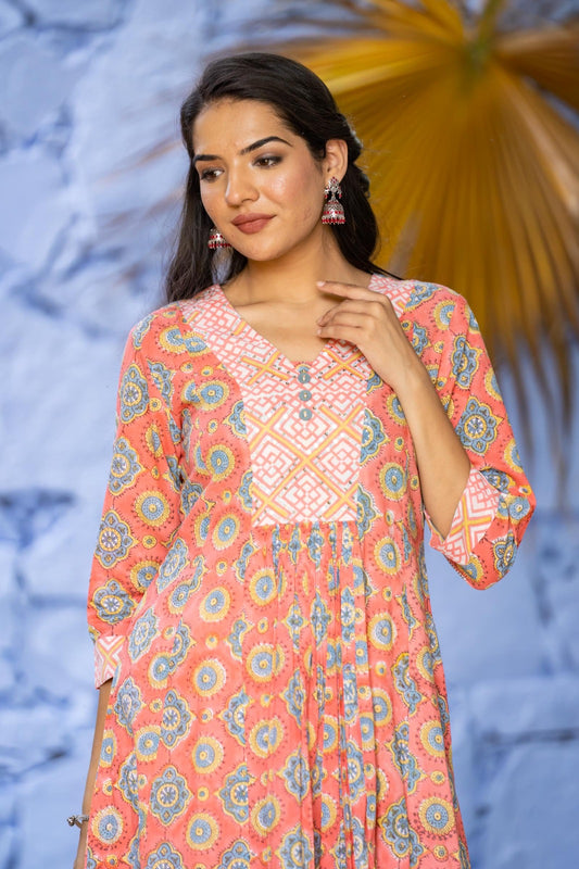 Peach Cotton Long Kurta-KS645