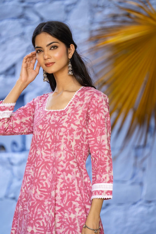 Pink Bagru Floral Kurta-KS662