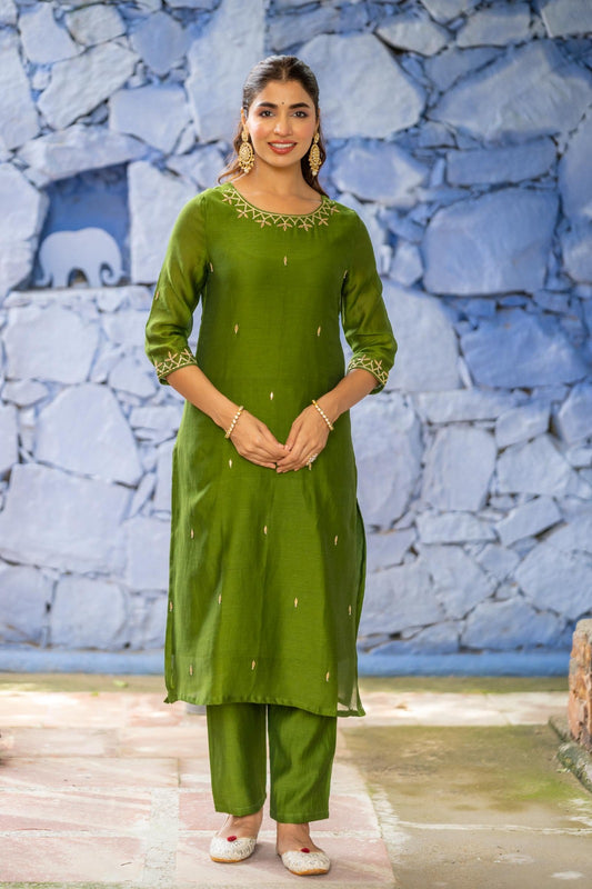 GREEN CHANDERI 2 PIECE KURTA SET-NVKS702