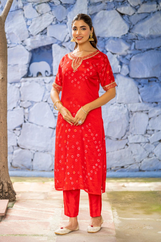 RED BANDHEJ 2 PIECE KURTA SET-NVKS703