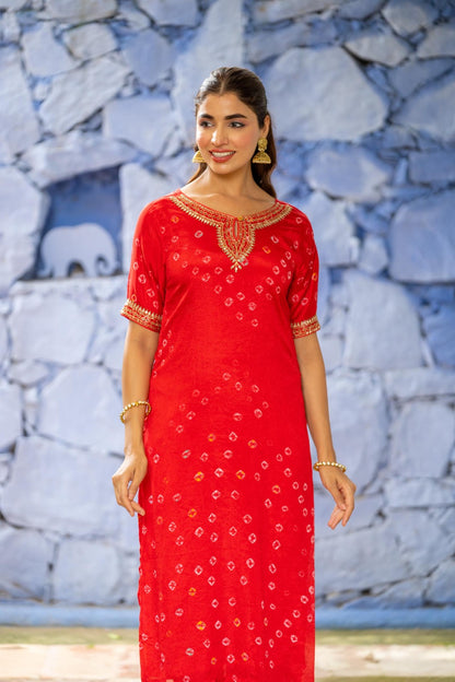 RED BANDHEJ KURTA -NVKS709