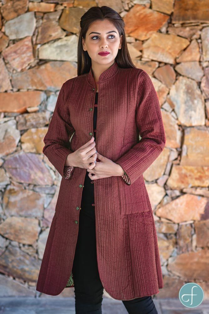 Maroon Bagru Block Printed Reversible Cotton Quilted Coat- NVQJ259