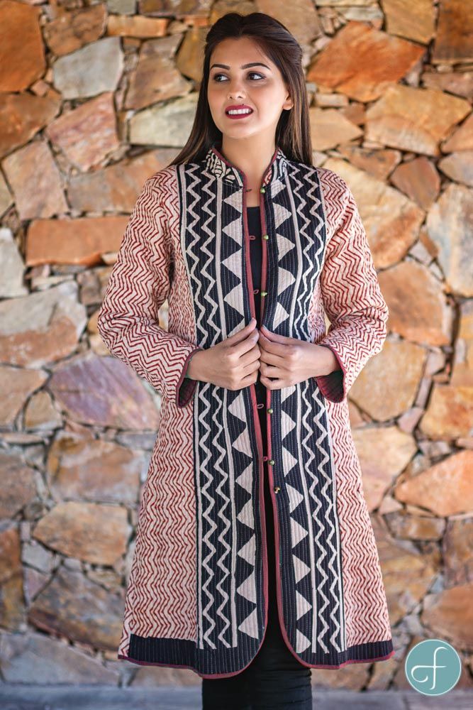 Maroon Bagru Block Printed Reversible Cotton Quilted Coat- NVQJ259