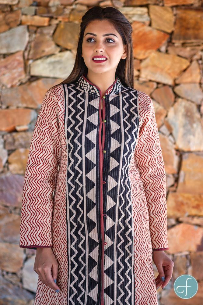 Maroon Bagru Block Printed Reversible Cotton Quilted Coat- NVQJ259