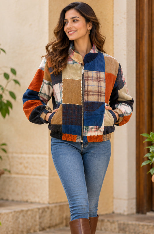 Multicolor Patchwork Wool Corduroy Bomber Jacket