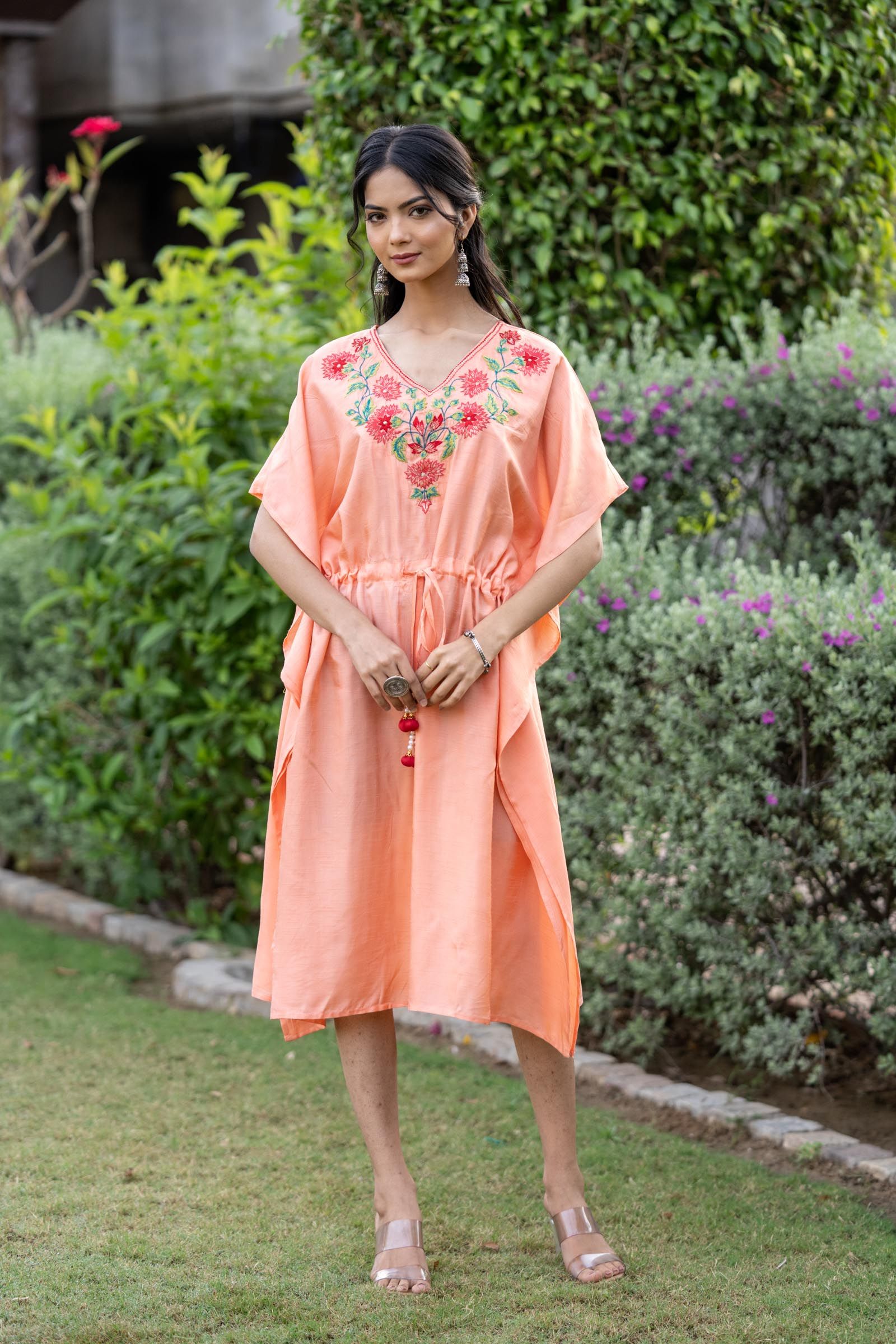 Coral Peach Embroidered Dola Silk Kaftan