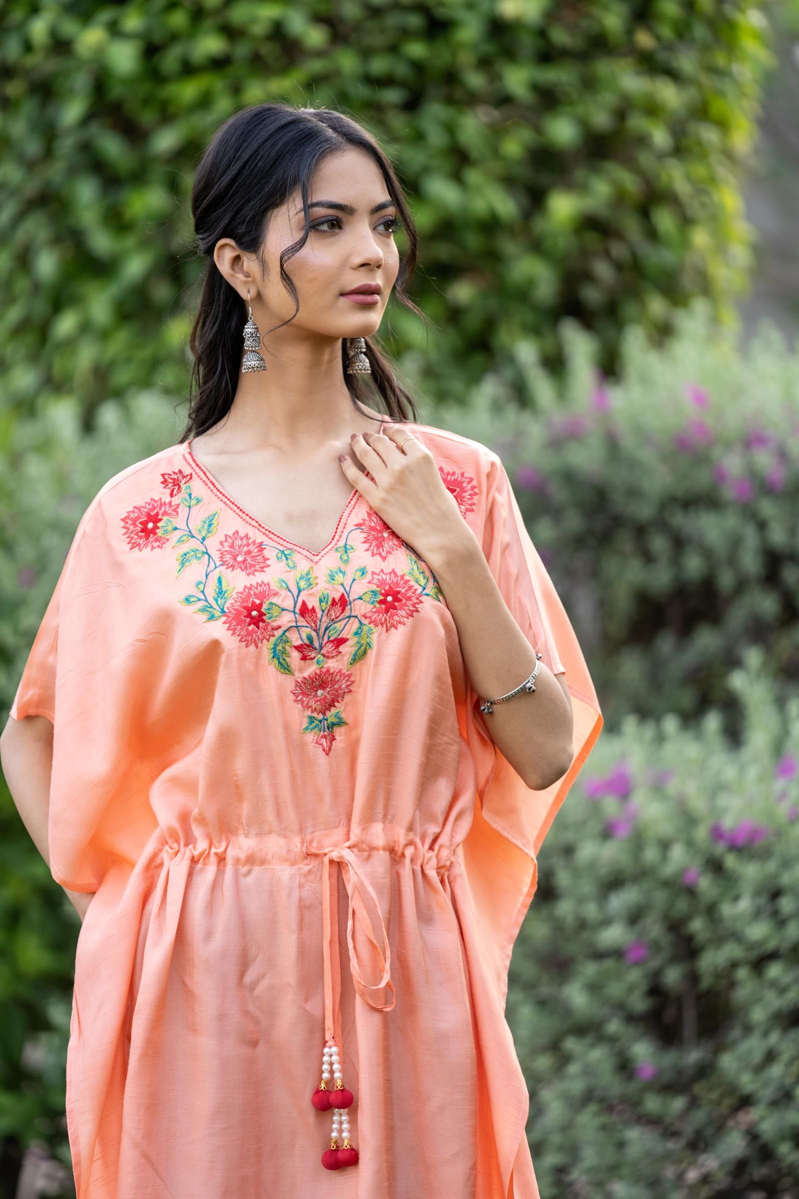 Coral Peach Embroidered Dola Silk Kaftan