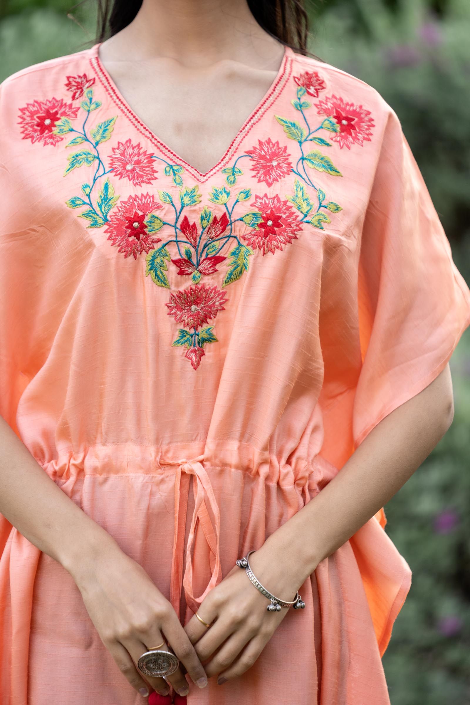 Coral Peach Embroidered Dola Silk Kaftan