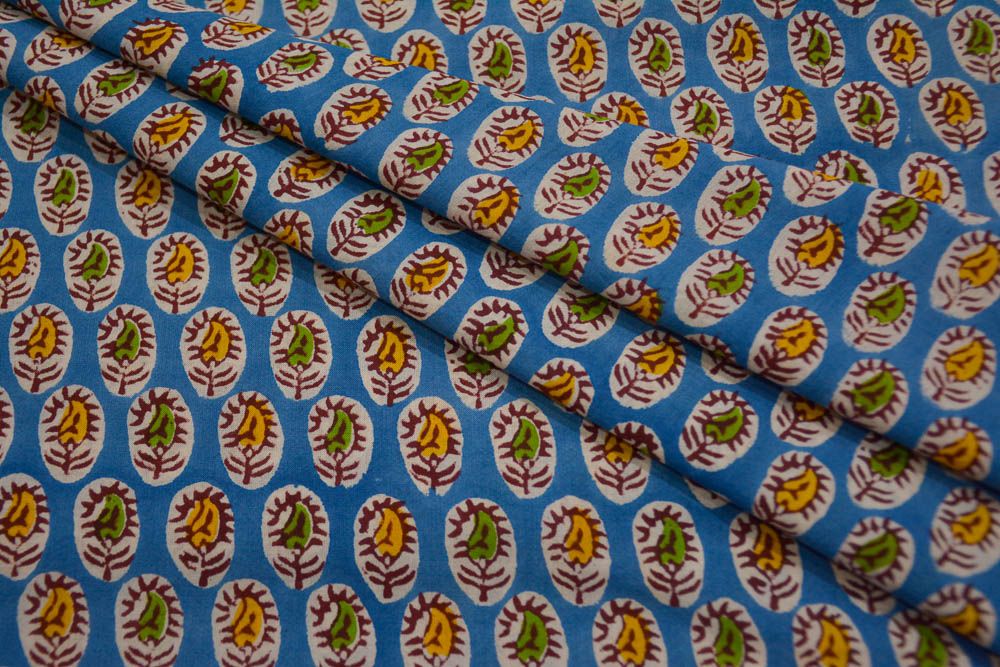 Blue Floral Block Printed Cotton Fabric